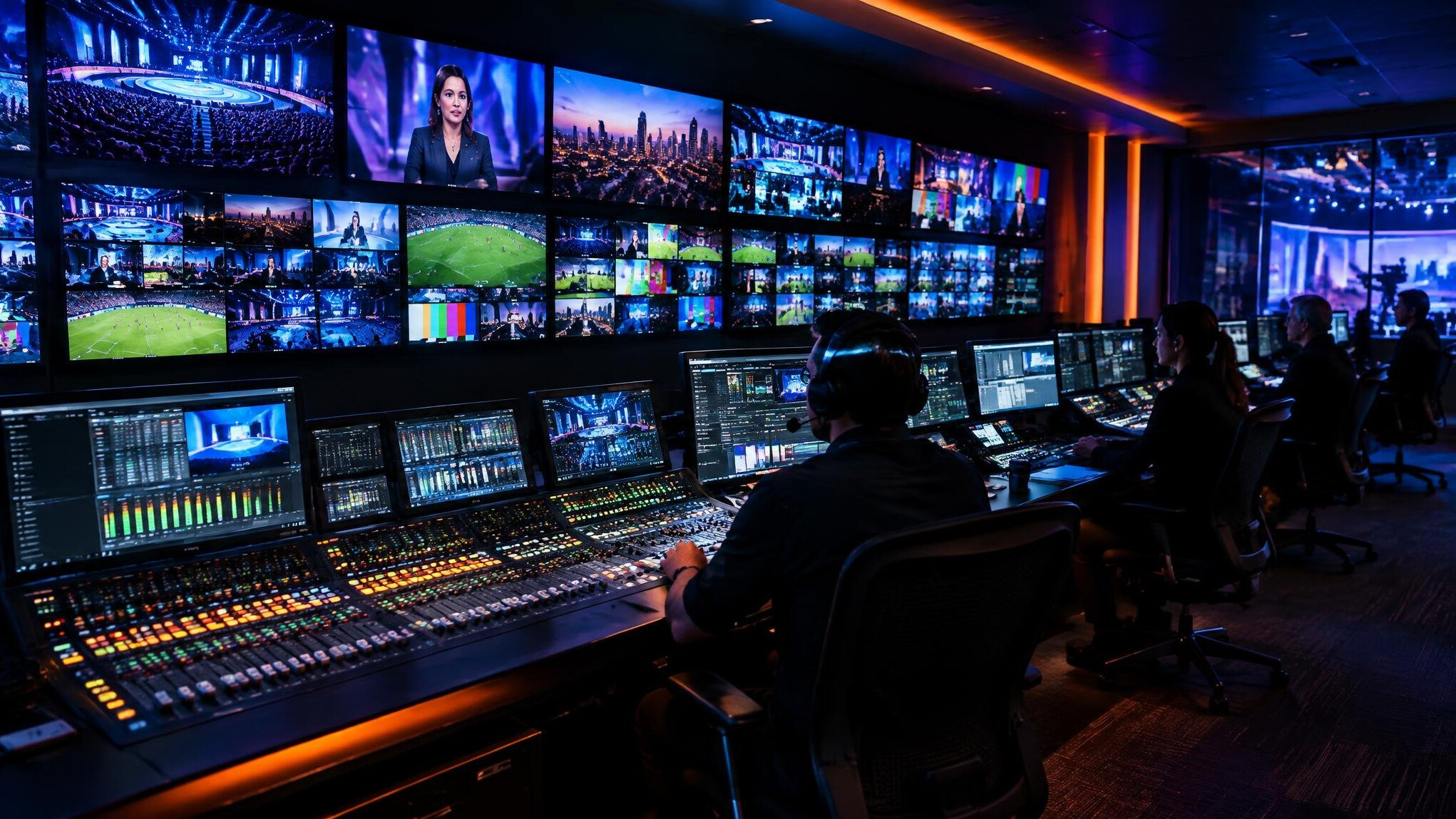 Wide view of a television gallery with rows of monitors and mixing equipment
