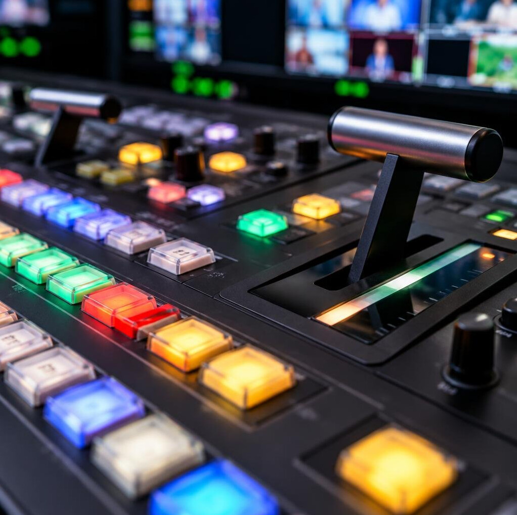 Close-up of a vision mixer panel with colorful buttons