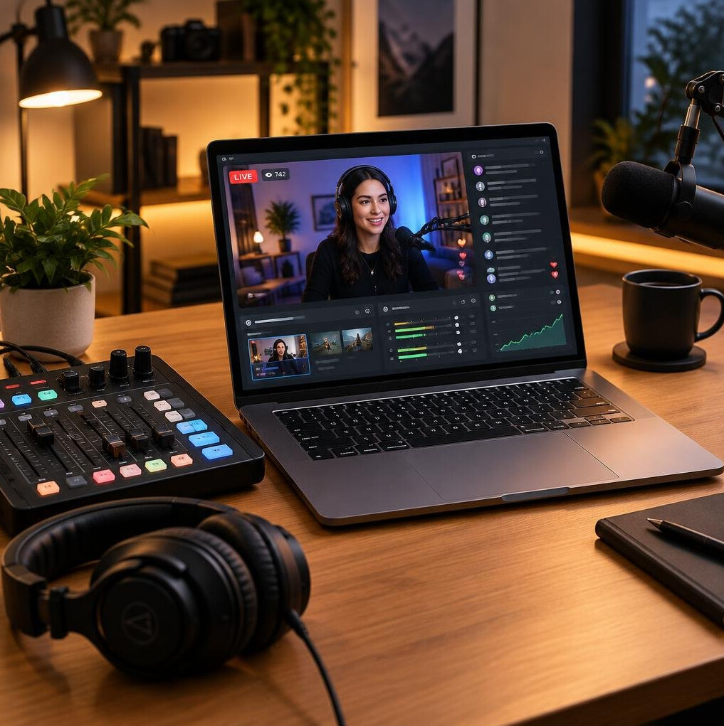 Laptop showing a live streaming dashboard on a desk