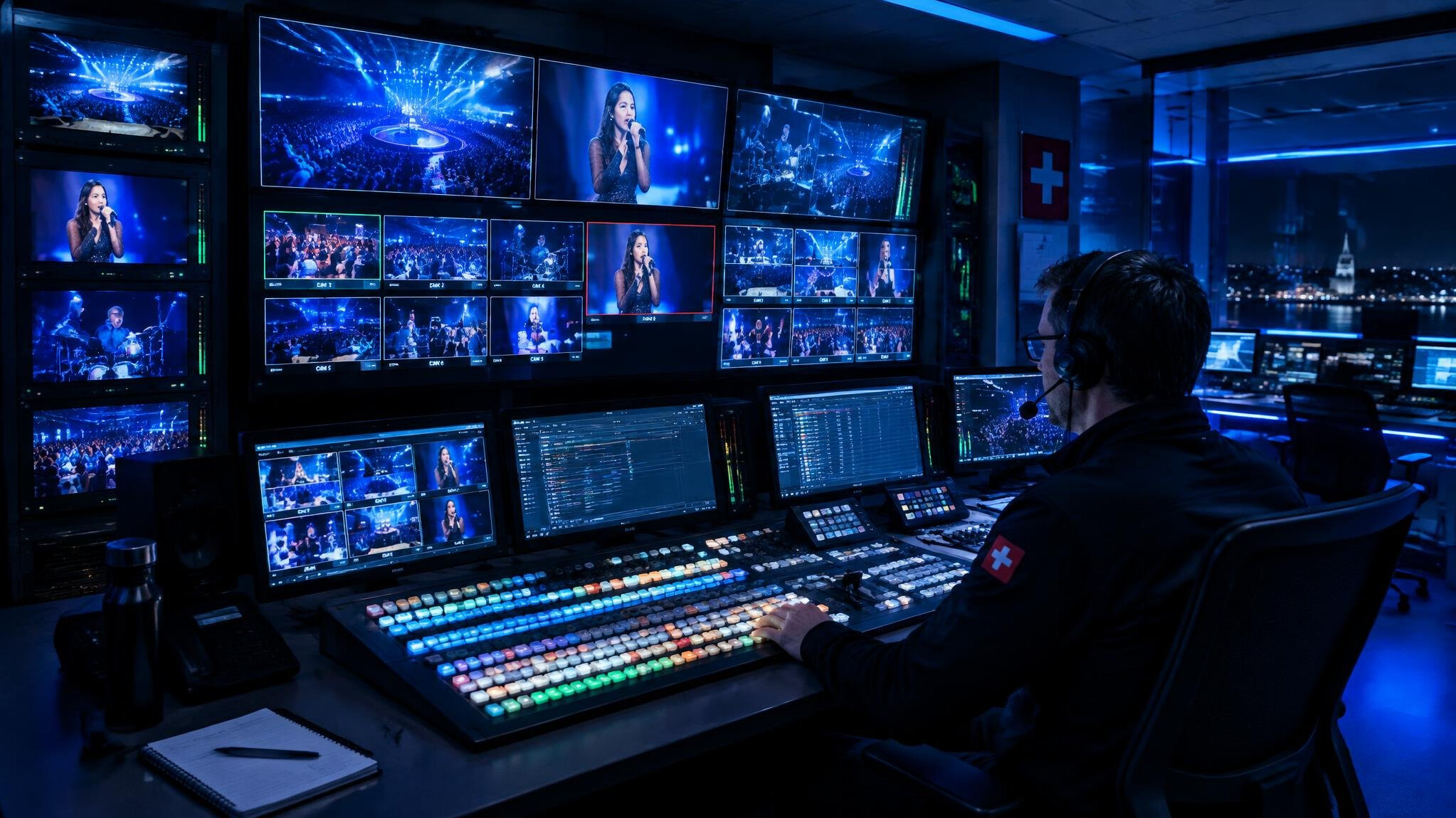 Broadcast control room with multiple video monitors and a vision mixer