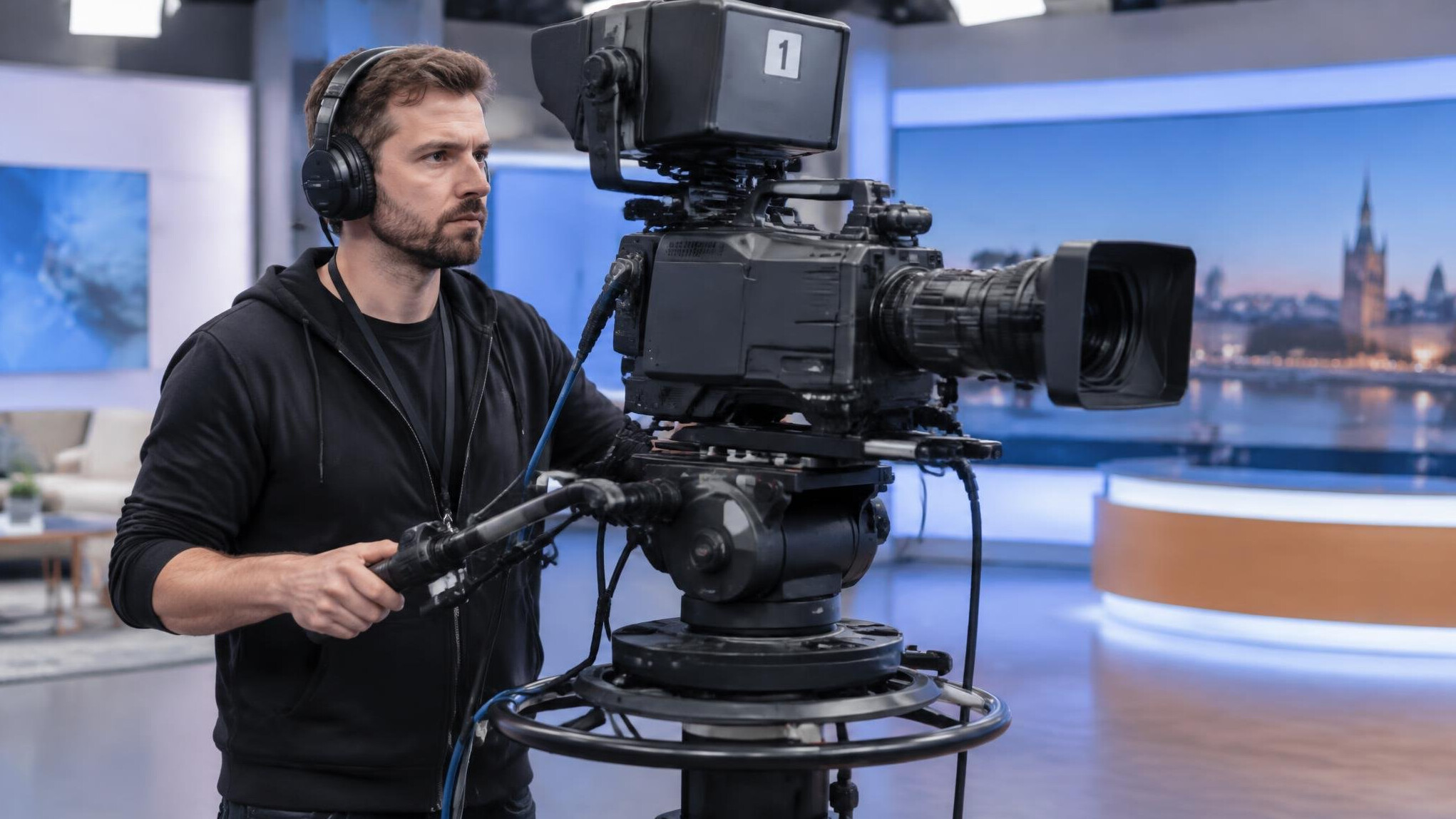 Camera operator filming with a professional broadcast camera