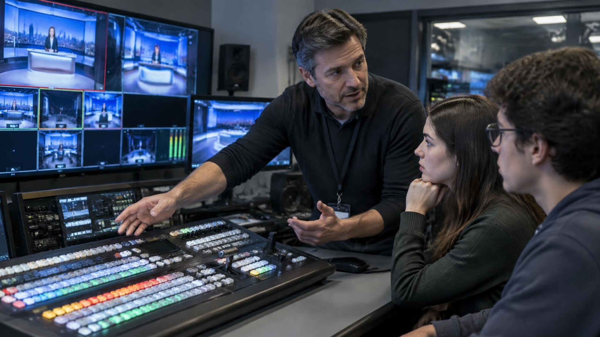 Instructor explaining a broadcast setup to students in a control room