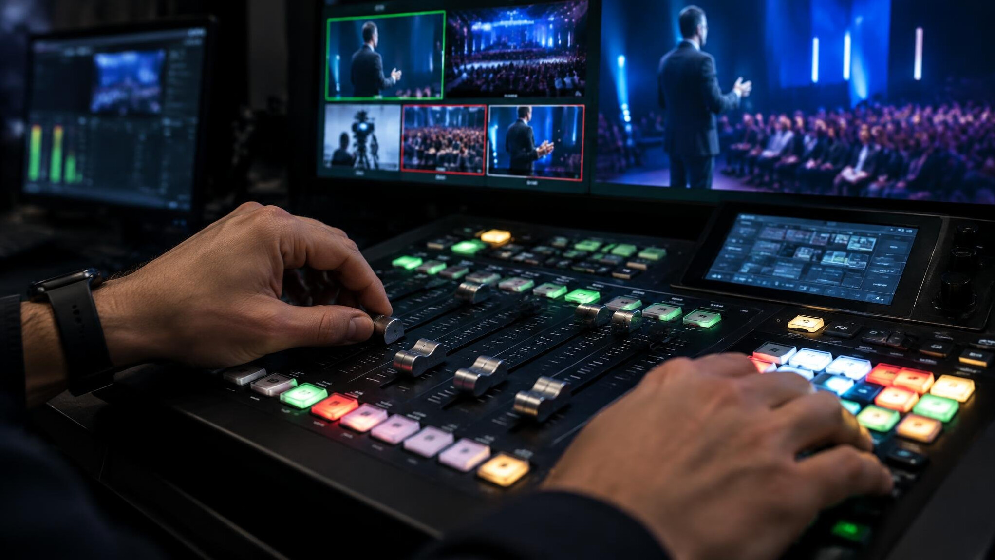 Hands operating a live video mixing console
