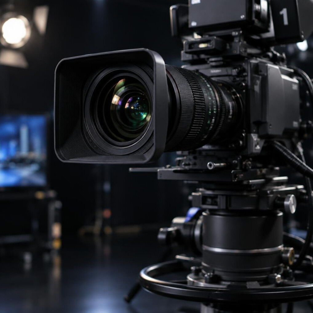 Close-up of a professional television camera on a studio floor