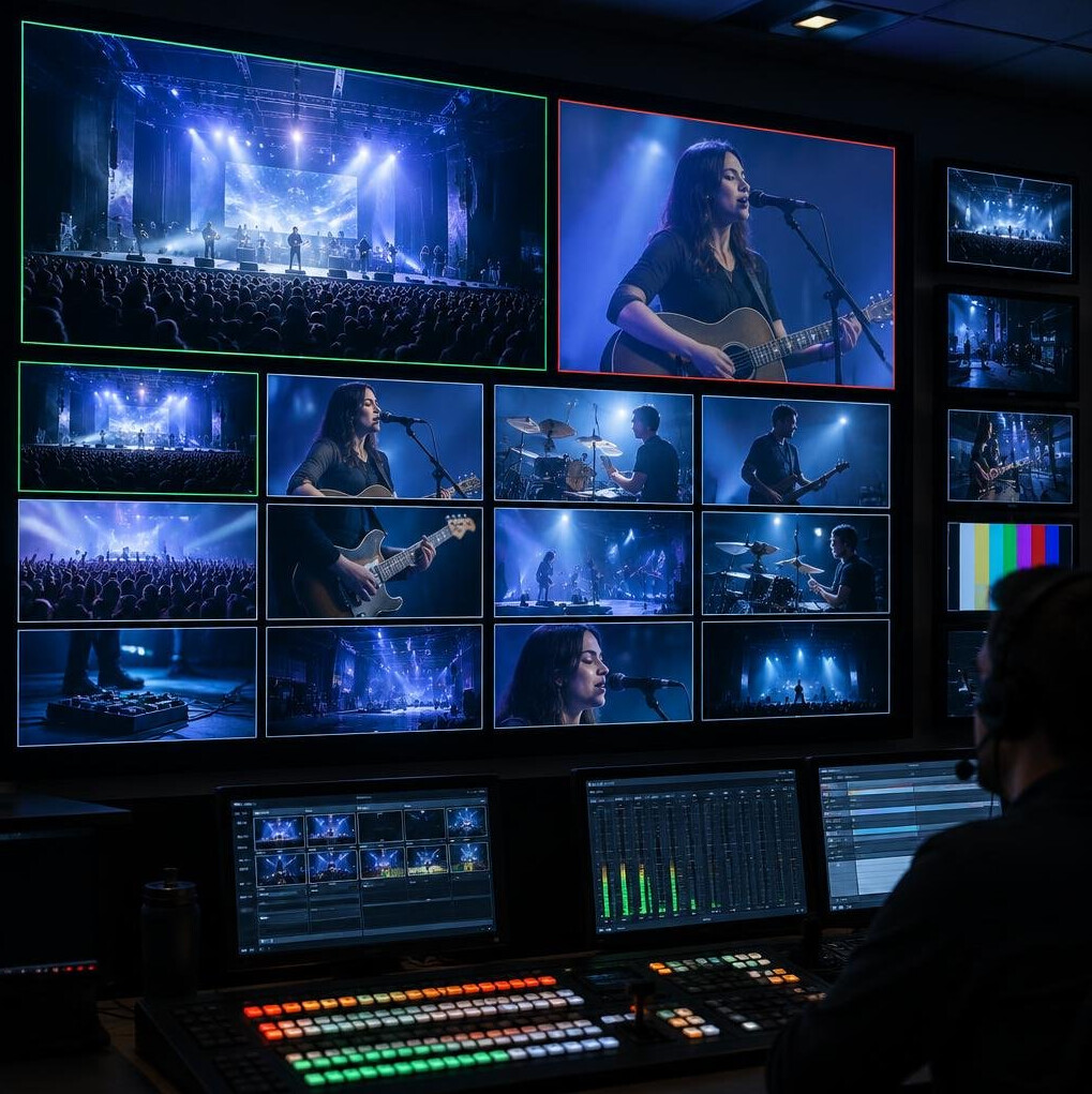 Wall of monitors showing multiple video feeds