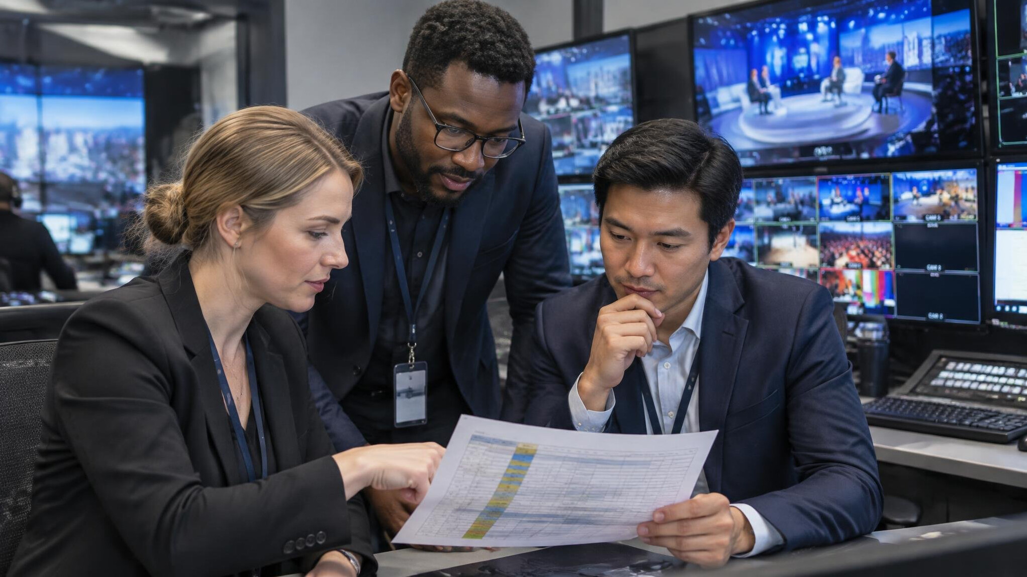 Production team discussing a live broadcast schedule
